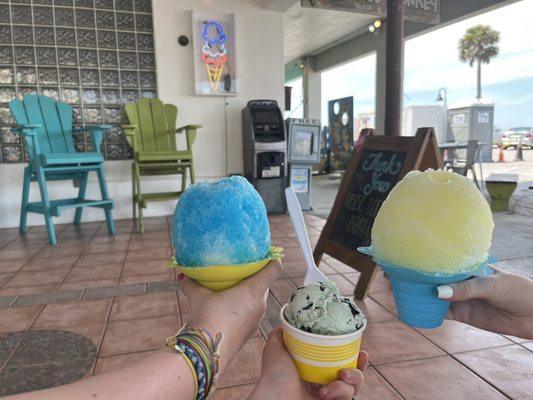 Blue Hawaiian ice, mint ice cream, and pineapple ice