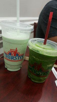 Left Blue bell pistachio shake Right: Super Green smoothie, fruits, spinach, kale, pineapple orange juice n ice so good n natural.