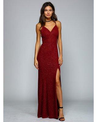 Burgundy glitter formal dress with slit.