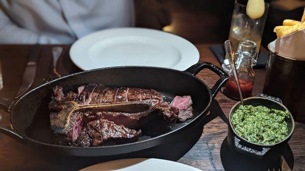 Steak, creamed spinach, and beef fat fries