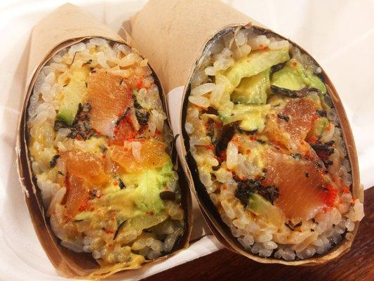 Poke burrito with salmon, cucumber, avocado, scallions, tobiko, and spicy mayo