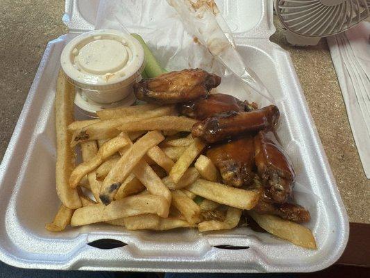 Honey BBQ flats with fries and ranch dressing