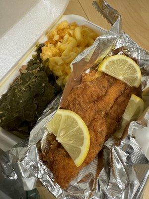 Fried catfish, mac & cheese, collard greens!