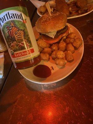 The dungeon burger with tots and Portland ketchup