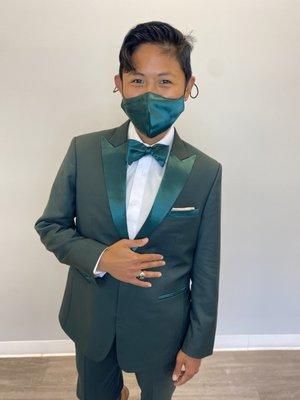 Gem's lush green wedding tuxedo, 2022.