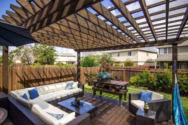 Stained pine pergola and deck