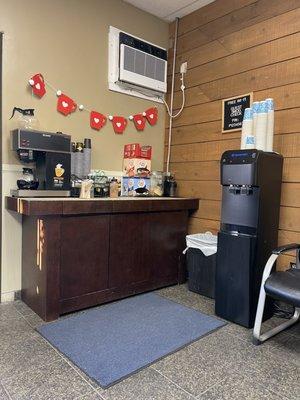 Water, coffee, and snacks in the lobby