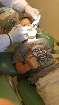 Hes 4 and was a pro because the dentist was OUTSTANDING and made him feel so comfortable.