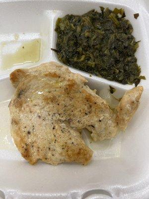 Hot Entree: Chicken, One Side: Spinach, Smart Water, & Tip at Cafeteria = $9.50! (October, 2022)