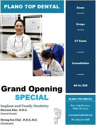 We have grand opening special. Exam, CT scan, X-rays, and consultation for $29! Give us a call to make an appointment now- 469-362-8088 We w