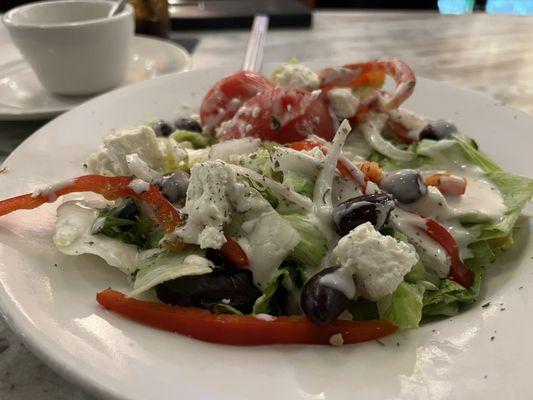 Lg greek salad 11.50$? Cant say enough about the feta portion. i think i got a single cuke. No hot peppers was a bummer. Great dressing