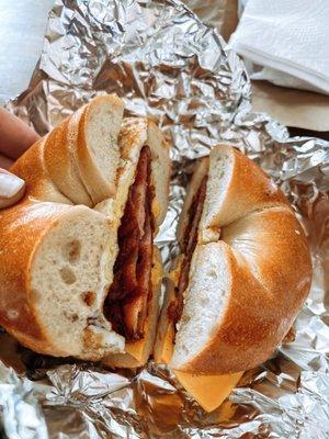 Bacon egg and cheese on a plain bagel