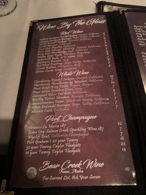 Wine/champagne menu