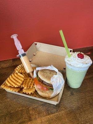 HibachiBachi Rice Burger waffle fries Matcha Milk Shake with large Spicy Mayo Shot.