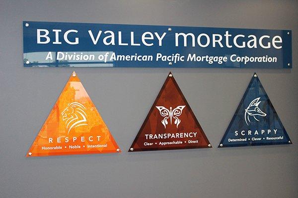 The Big Valley Mortgage core values posted on the wall of our front lobby.