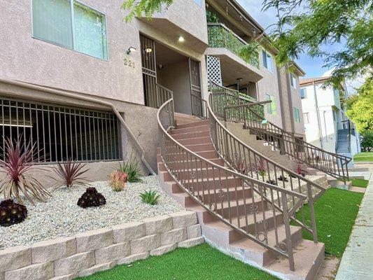 Front Entrance (newly landscaped with environmentally friendly plants & materials). Elm & Lake, Burbank, CA.