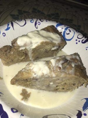 Bread pudding with pralines and bourbon sauce. Oh so very tasty!