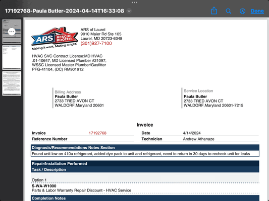 Invoices from technician