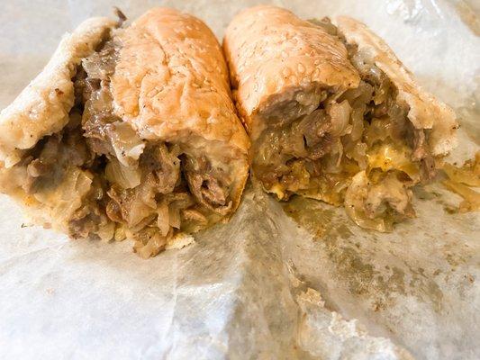 The inside of the Cheese Steak Hoagie