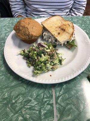 Noah's pick 2- chicken salad sandwich and broccoli salad with apple butter muffin