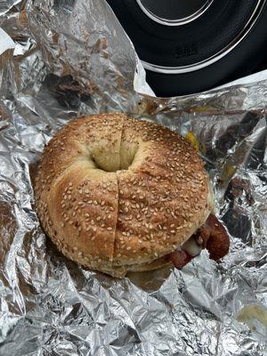 Bacon, egg, and cheese on a sesame bagel