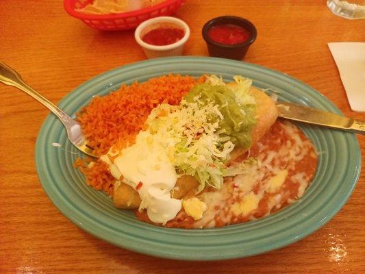 Beef chimichanga with rice, beans, and salsa