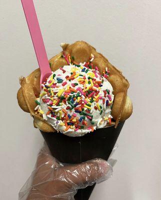 Freshly made bubble cones with our homemade ice cream and your choice of toppings!