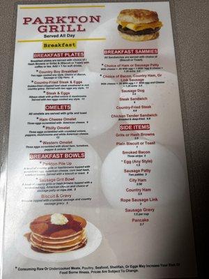 Breakfast menu