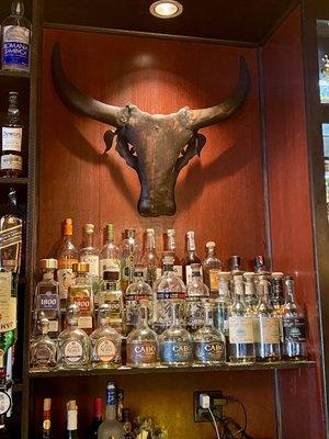 Bull skull behind the bar