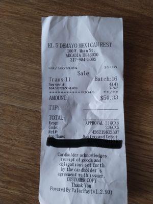 This is a picture of the receipt that I brought home w/me.