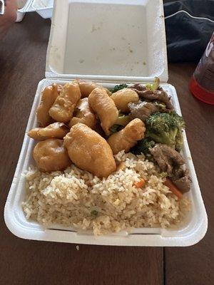 Sweet and sour chicken, beef with broccoli, fried rice.