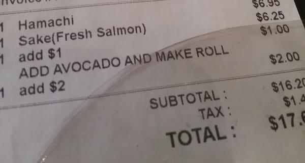 What a totally bizarre way to charge someone for a very small salmon avocado and yellowtail roll. How ridiculous is this?