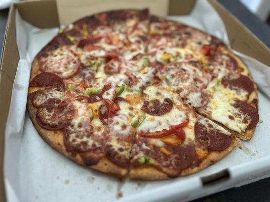 Pepperoni pizza, add tomatoes and peppers.