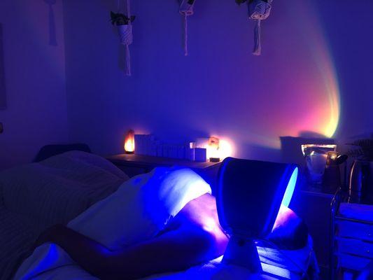 Golden Hour ultimate facial, using LED. To boost collagen and kill acne causing bacteria.