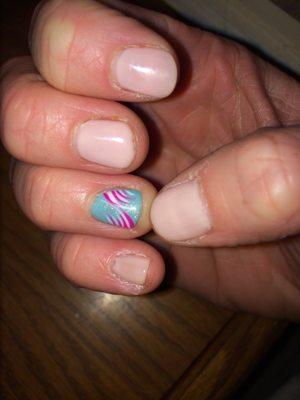 The design turned out cool but he didn't even bother to trim my cuticles and any other type of care around the nails prep them for polish