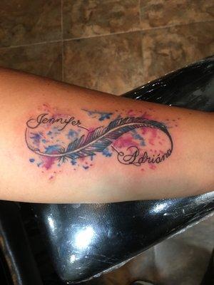 Watercolor Infinity feather with name tattoo!