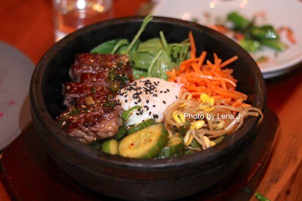 Stone Bowl Beef Bibimbop ($31) - beef with soy garlic marinade, seasoned vegetables over soy butter rice, with a side of gochujang