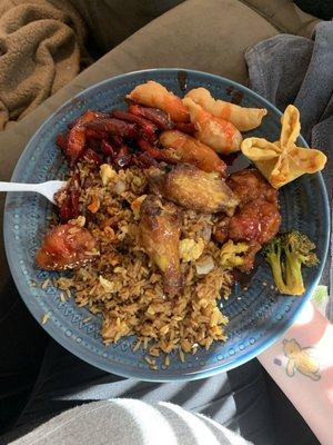 Egg fried rice, sesame chicken with honey mustard wings, some sweet and sour chicken and boneless spareribs!