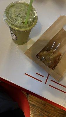 iced matcha latte with almond milk, cheddar bacon scone