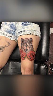 Wolf and Roses Tattoo By Robert.