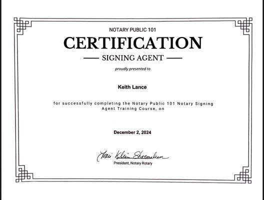 Completion of my Loan Signing Agent training course.