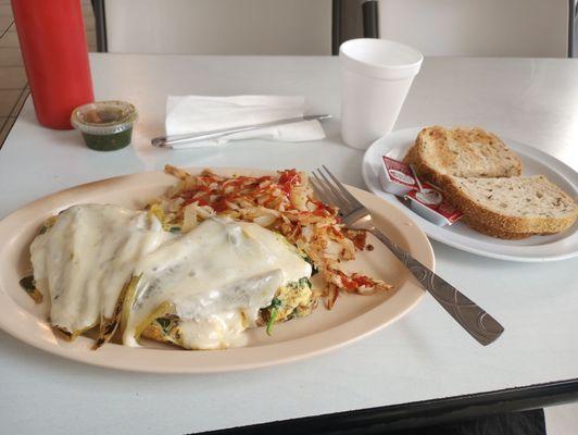 Spinach mushroom Ortega omelette great food.