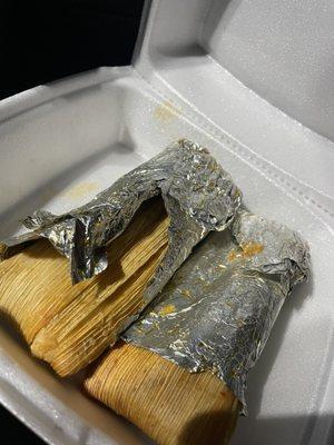 Tamales  (chicken with salsa roja)