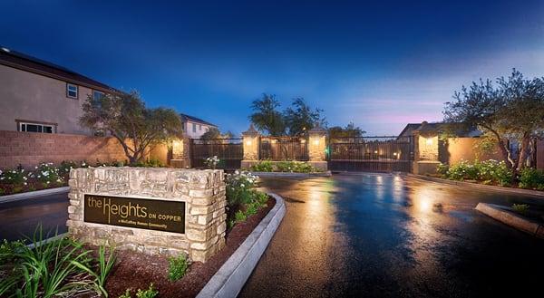 The entrance to McCaffrey Homes' gated community, The Heights on Copper in Fresno, CA.