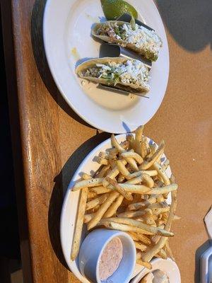 Chicken tacos  Bistro French Fries with Kalamata Olive Aoli