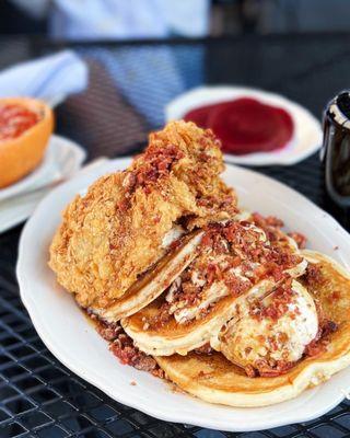 Magnolia Banana Pudding stuffed Pancakes and fried chicken