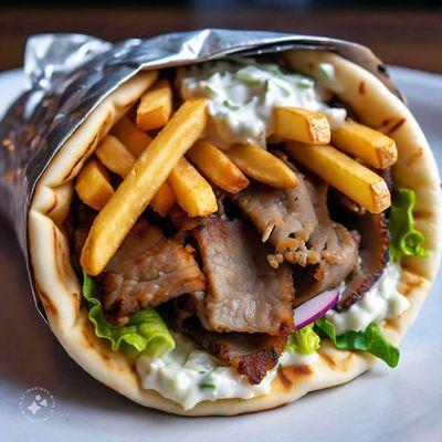 Try our signature Greek gyro with fries sandwich on pita bread also available in grilled lemon chicken