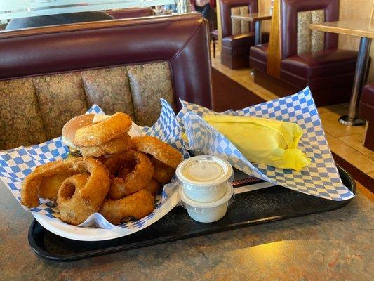 There's a Cheeseburger behind all those Onion Rings! A Breakfast Burrito awaits in the yellow wrapper.