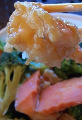 No. 15 lunch special: broccoli and shrimp. Four or five of these nice-sized, succculent shrimps, broccoli & carrots, on white steamed rice.