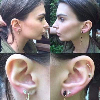 Emily Ratajkowski pierced by Sean Roth at Jacquie Aiche's show room.